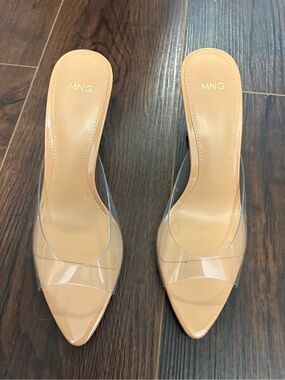 Mango Nude Pointed-Toe Mules with Clear Strap